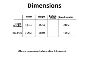 Size chart showing width and height for shoulder bag and handbag versions in centimeters