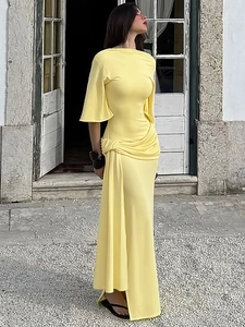 Elegant yellow long maxi dress with pleated waist design and stylish flared sleeves