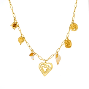 Collier multicouche en acier inoxydable doré avec pendentifs cœur champignon et rose