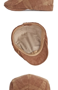 Detailed views of vintage corduroy flat cap showing brown patchwork texture and inner lining