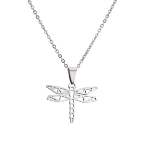 Minimalist silver stainless steel dragonfly pendant necklace with a polished cutout design