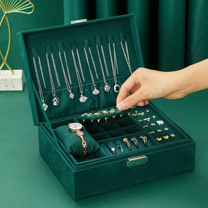 Large dark green velvet jewelry box with watch pillow and multi-layer storage compartments