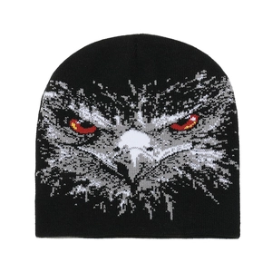 Winter black knit beanie with graphic eagle design and ear protection for outdoor warmth