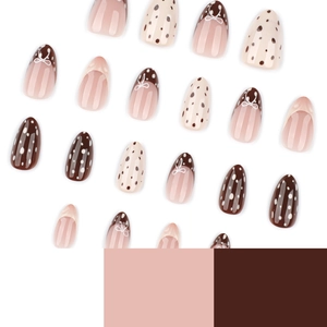 Braune Mandel-Kunstnägel Set mit French Tips, Kuhmuster und Schleifen-Design