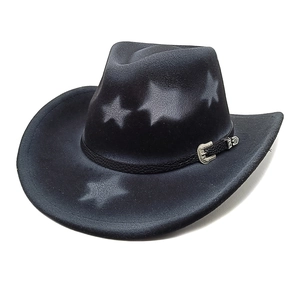 Detail of black felt cowboy hat featuring silver vintage buckle and grey star pattern