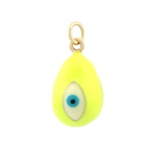 Detailed view of the yellow enamel teardrop evil eye pendant with polished gold plating