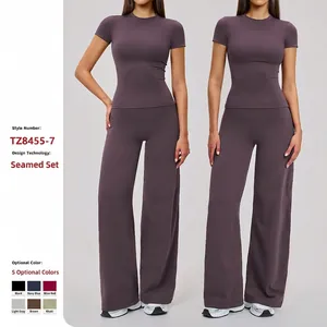 Women Brushed Nylon Spandex Yoga Top And Bottom High Waist Wide Leg Workout Gym Running Slim Fit Sporty Activewear
