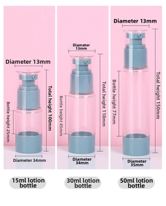 Detailed size chart for 15ml to 50ml vacuum spray and lotion bottles with blue pumps