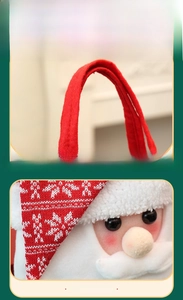 Close-up of sturdy handles and 3D Santa Claus applique on knitted Christmas gift bag