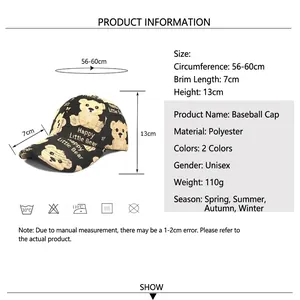 Unisex bear print baseball cap with adjustable strap and polyester sun protection fabric