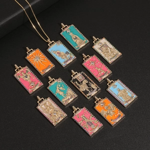 Tarot card pendant necklace with colorful enamel and gold-plated zircon borders