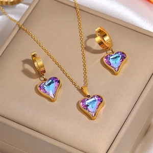 Butterfly heart necklace and earring set with colorful zircon stones in gold finish