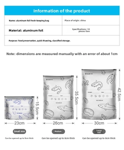 Size chart for food grade aluminum foil sealer bags in small, medium, and large dimensions