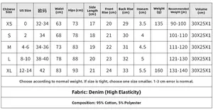 Größentabelle für High-Waist-Denim-Shorts mit US-, EU- und CN-Maßen und Gewichtsangaben