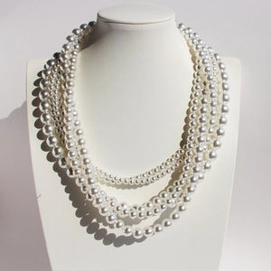 Elegant multi-layer white pearl necklace displayed on a jewelry bust stand