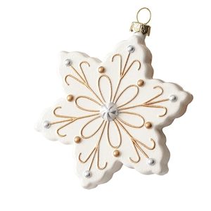 Creative white snowflake ornament with gold glitter dots and swirls for Christmas decor