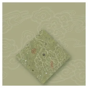 Detailed macro view of an 80x80mm acrylic fridge magnet with green clouds and calligraphy