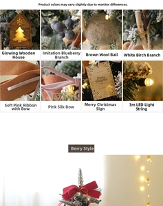 Close-up of DIY mini Christmas tree ornaments with LED lights and berries