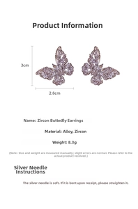Detailed specs of silver zircon butterfly stud earrings showing dimensions 3cm by 2.8cm