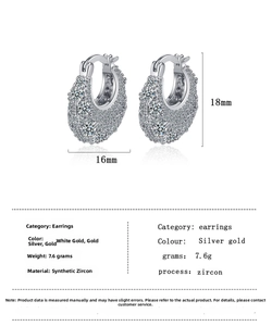 Detailed view of silver zircon hoop earrings with dimensions 18mm by 16mm and 7.6g weight