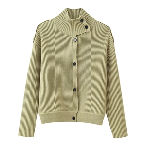 Women's sage green knit cardigan with high collar and rib-knit texture stylish outer layer