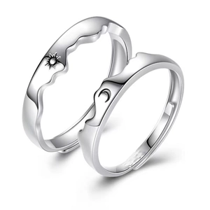 Adjustable sun and moon couple rings in polished silver metal for men and women
