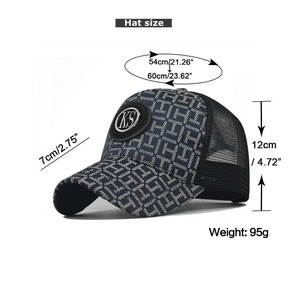 Size guide for blue and white checkered baseball cap showing head circumference and brim dimensions