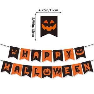 Detailed dimensions of Happy Halloween banner with 4.72x5.90 inch pumpkin flags