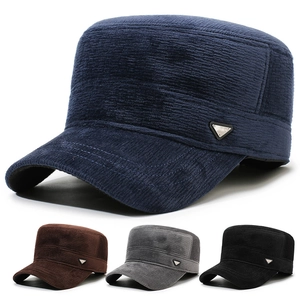 Men Corduroy Flat Top Hat With Ear Flaps Thickened Warm Plush Lining Windproof Winter Cadet Military Cap For Outdoor