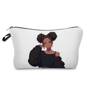 Detail of a white cosmetic bag featuring a printed illustration of a black woman with buns