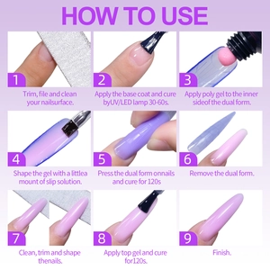 Negenstappenplan voor poly nail gel verlengingsset met tools en macaron kleurige gel