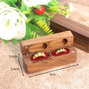 Dual slot black walnut wood ring box with red lining and dimensions 9x3.6x2.4cm