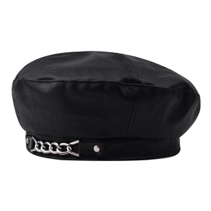 Women PU Leather Beret Hat With Silver Metal Chain Punk Vintage Painter Hat For Autumn Winter Fashion All-match