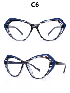 Detail view of cat eye frame featuring blue edges and tricolor striped texture interior