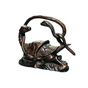 Antique brass Xuanwu statue featuring a mythical turtle and snake with vintage finish