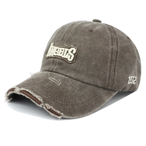 Detail of distressed brown baseball cap with 3D embroidery and vintage ripped brim
