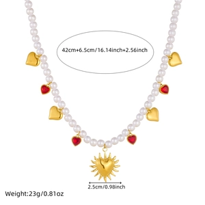Gold-plated pearl necklace with sun heart pendant and size dimensions display