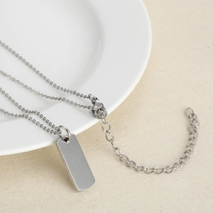Modern rectangle polished stainless steel dog tag necklace with bead chain design