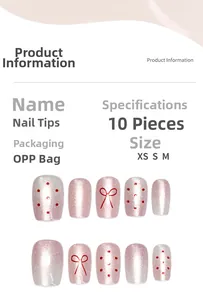 Detail view of pink bow nail set with red polka dots and sizing chart information
