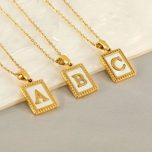 Edelstahl Halskette Rechteck Muschel Anfangsbuchstabe Anhänger 18K Vergoldet Retro Mode Für Damen