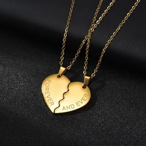 Minimalist gold titanium steel heart puzzle necklace for couples with polished finish