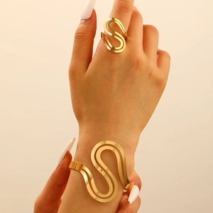 Ensemble bijoux bracelet et bague géométriques dorés ajustables pour femme