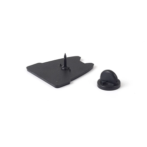 Black enamel alloy cat brooch featuring metal pin back with a black rubber clutch butterfly back