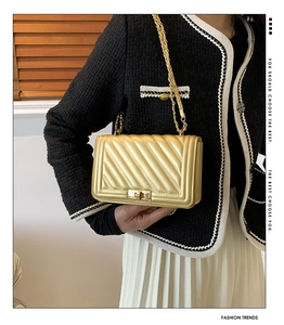 Close-up of champagne gold quilted crossbody bag with metal chain strap and twist lock