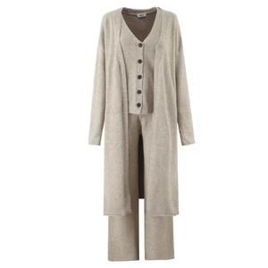 Three-piece oatmeal knit set with long cardigan, v-neck vest, and straight trousers