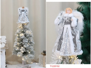 Weihnachtsbaumspitze Engel Dekoration mit Plüschflügeln und glitzerndem Kleid für Festtage.