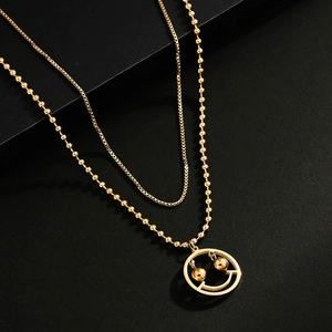 Collier Double Rangée Acier Inoxydable Pendentif Smiley Chaîne À Billes Et Boîte Bijoux Tendance Homme Femme