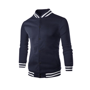 Detailed view of navy blue baseball jacket with white striped ribbed collar and cuffs