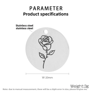 Macro detail of 20mm stainless steel round rose pendant with 3g weight specifications