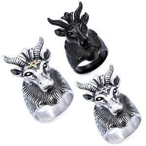 Baphomet Goat Head Ring Stainless Steel Pentagram Retro Gothic Punk Jewelry For Men